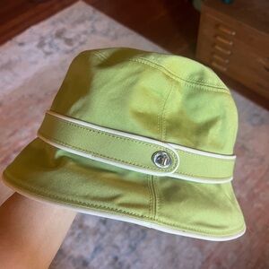 Vintage COACH green Cotton Bucket Hat w/White Leather Trim, Turn Lock Sz M/L